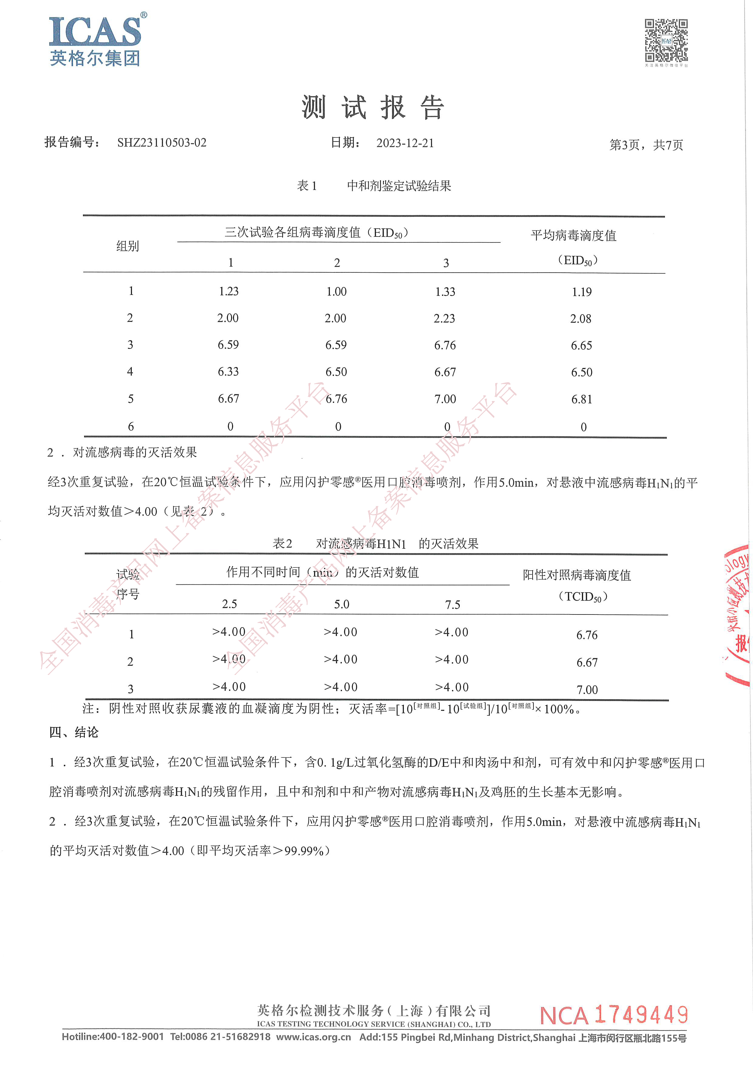 闪护零感杀灭流感病毒H1N1检测报告