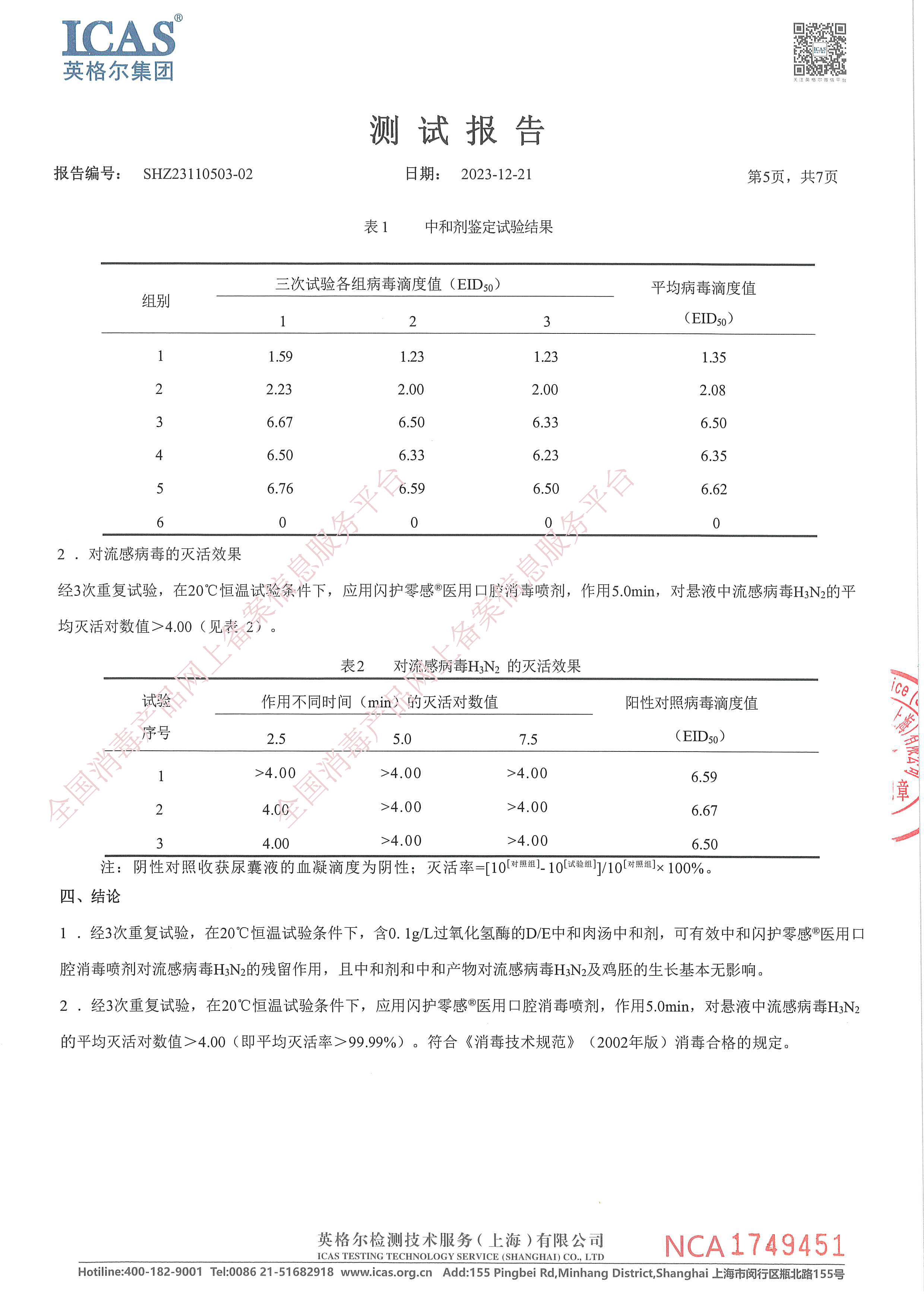 闪护零感杀灭流感病毒H3N2检测报告